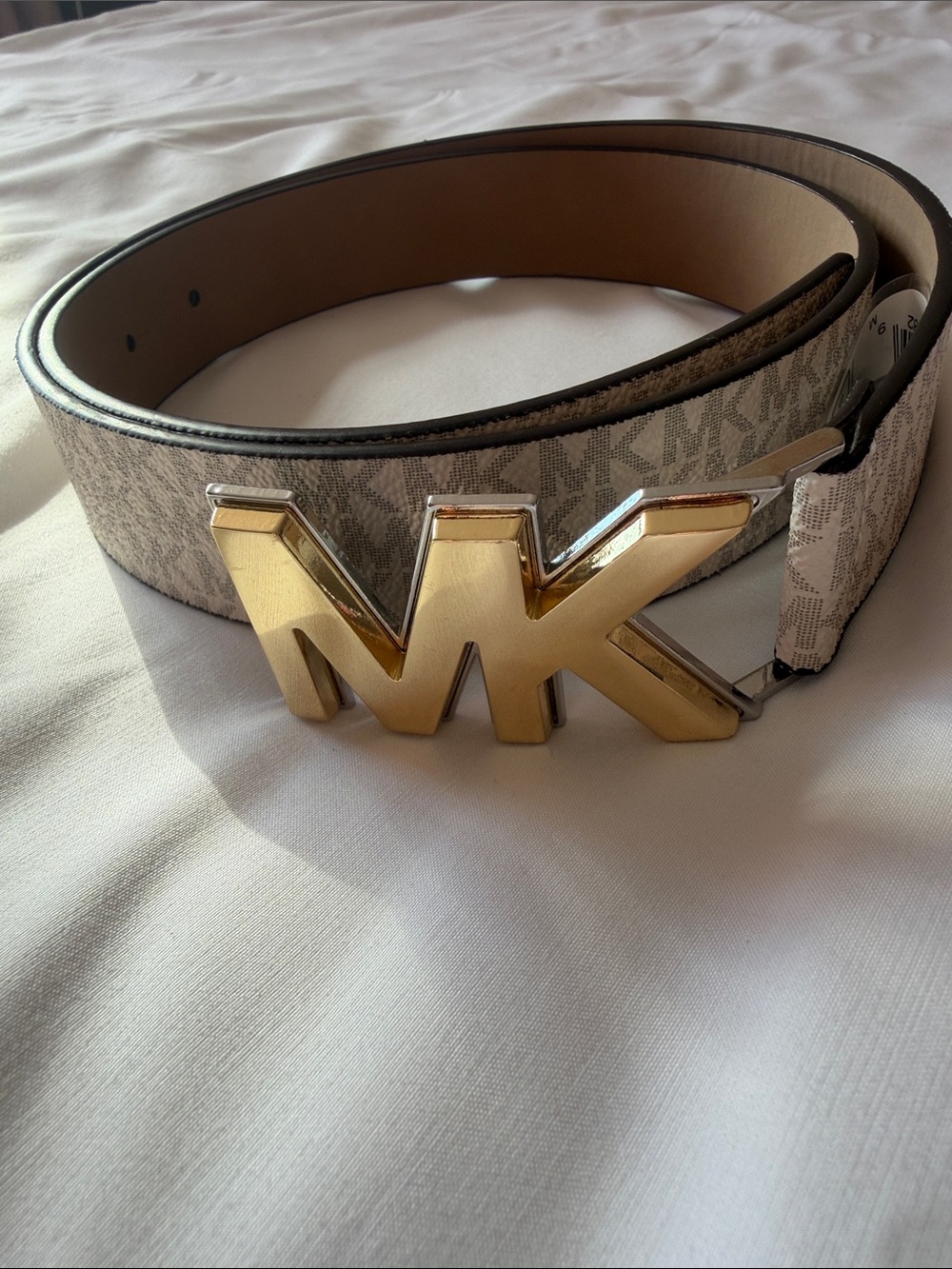 Michael Kors Beige Logo Belt with Gold MK Buckle